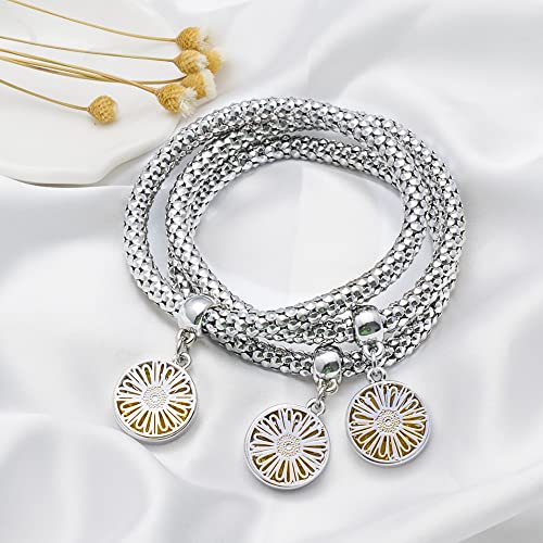 SILANER Crystal Charms Multilayer Bracelets - 3PCS Gold/Silver/Rose Gold Corn Chain Bracelet for Women, Tree of Life Heart Shaped Stretch Bracelet (Silver Daisy Charm) - Image 5