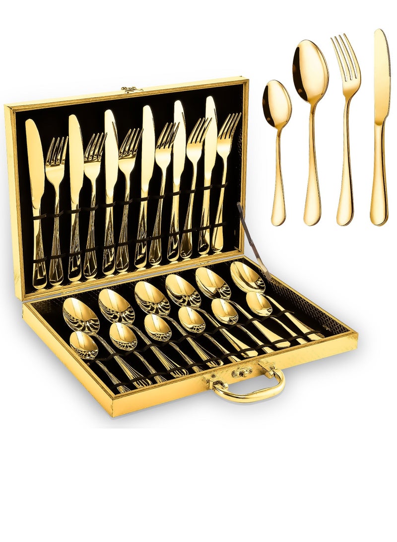 ABJ 24-Piece Stainless Steel MIRROR GOLD Cutlery Set with Premium Wooden Box (Golden) - Ideal Tableware, Flatware, Dinner Set for 6 - Includes Spoon Set, Knife Set, Fork Set - Spoons, Knives, Fork - Image 1
