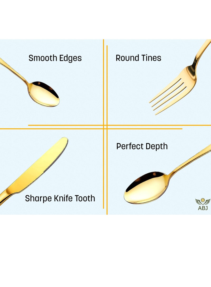 ABJ 24-Piece Stainless Steel MIRROR GOLD Cutlery Set with Premium Wooden Box (Golden) - Ideal Tableware, Flatware, Dinner Set for 6 - Includes Spoon Set, Knife Set, Fork Set - Spoons, Knives, Fork - Image 5