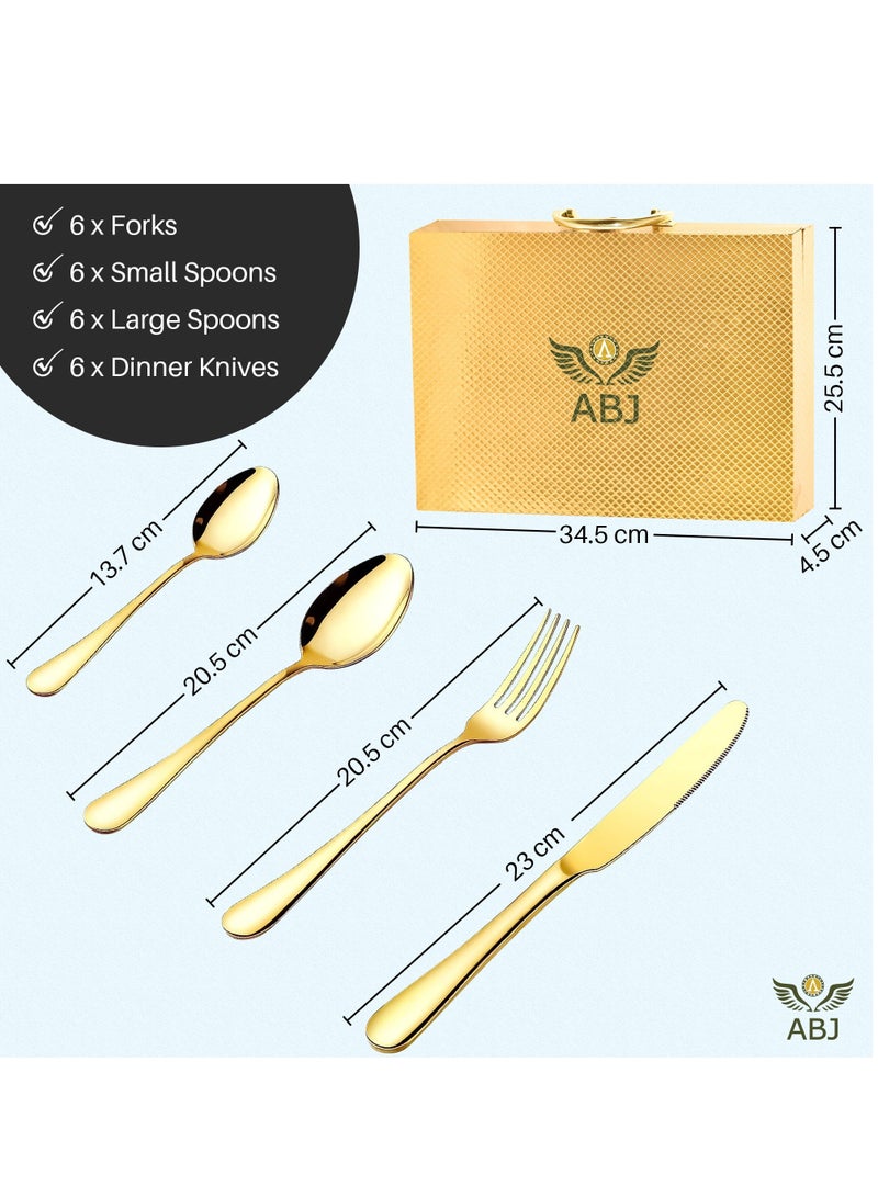 ABJ 24-Piece Stainless Steel MIRROR GOLD Cutlery Set with Premium Wooden Box (Golden) - Ideal Tableware, Flatware, Dinner Set for 6 - Includes Spoon Set, Knife Set, Fork Set - Spoons, Knives, Fork - Image 2