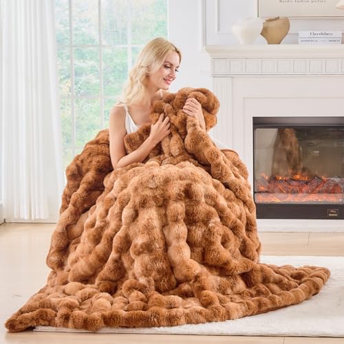 BENVWE Faux Fur Throw Blanket for Couch - Fluffy Soft Thick Bubble Blanket for Living Room Home Decor - Fathers Day Birthday Gifts for Women Men, Tie-dye Caramel, 50" x 60" - Image 1
