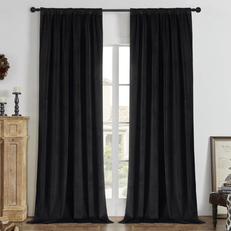Joydeco Black 100% Blackout Curtains 84 Inch 2 Panels, Luxury Thermal Insulated Black Velvet Curtains for Bedroom Living Room, Soundproof Blackout Window Drapes, Rod Pocket & Back Tab (52W x 84L) - Image 1