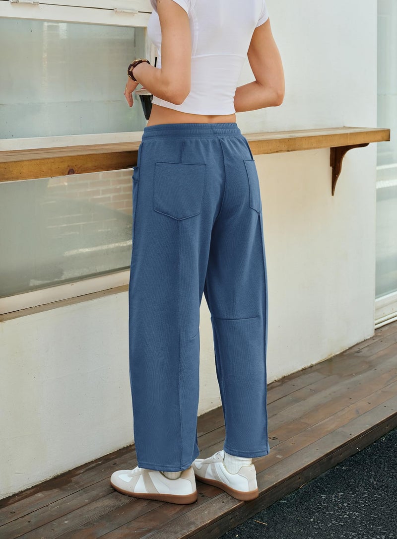 Yanekop Womens Baggy Wide Leg Pants Casual Fall Trousers Palazzo Pants Drawstring Waist Barrel Sweatpants with Pockets(Blue,S) - Image 5