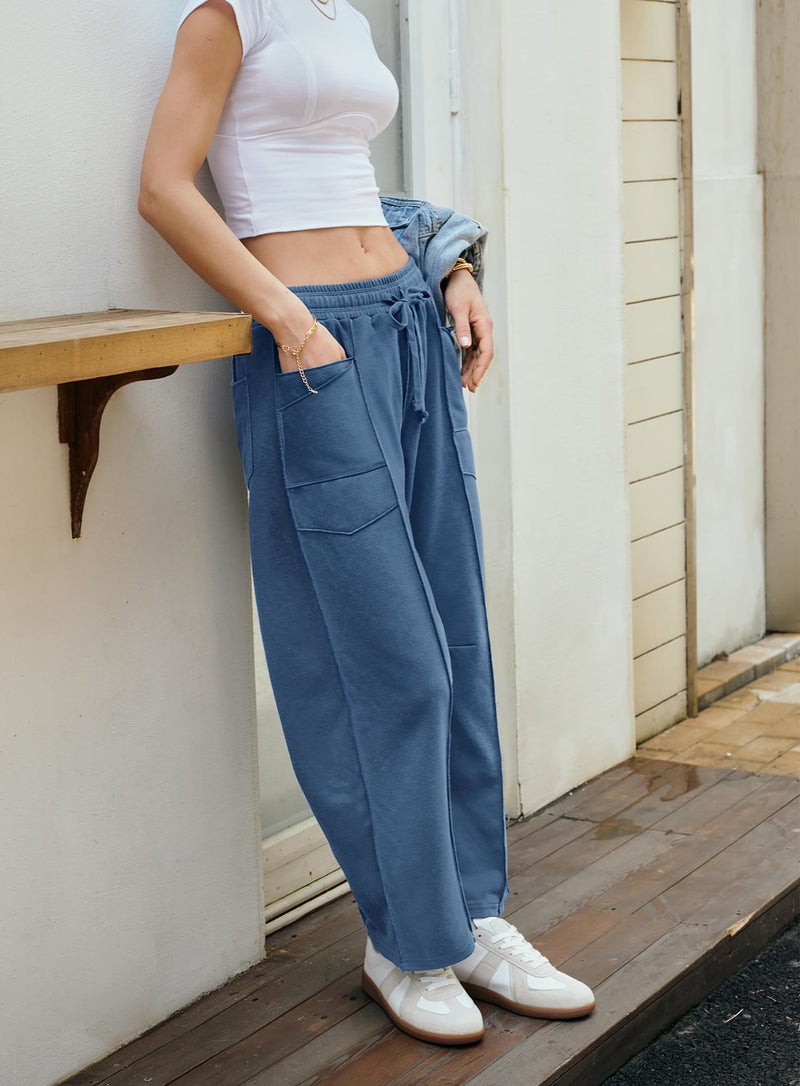 Yanekop Womens Baggy Wide Leg Pants Casual Fall Trousers Palazzo Pants Drawstring Waist Barrel Sweatpants with Pockets(Blue,S) - Image 4