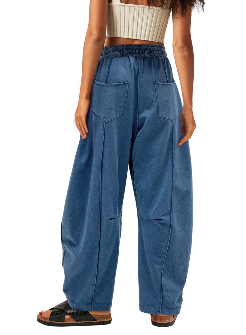 Yanekop Womens Baggy Wide Leg Pants Casual Fall Trousers Palazzo Pants Drawstring Waist Barrel Sweatpants with Pockets(Blue,S) - Image 2
