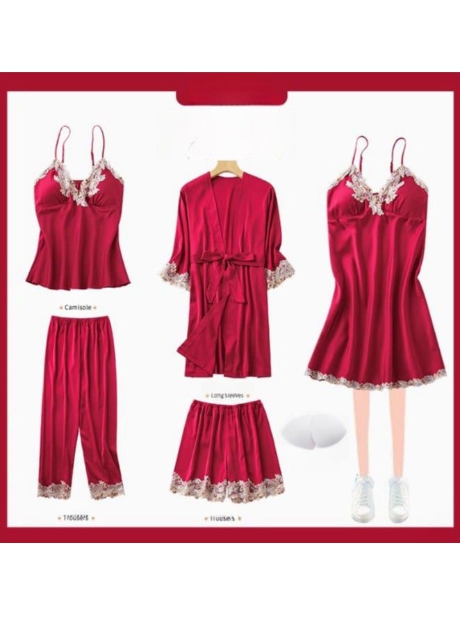 Pajama Women's Ice Silk Five Piece Set With High-End Feel And Chest Cushion Silk Home Suit Set - Image 1