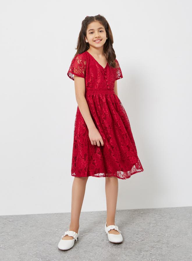 Styli Girls Red Lace A-Line Knee-Length Dress - Image 2