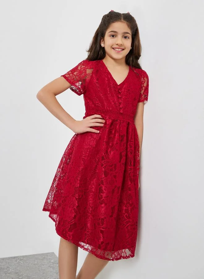 Styli Girls Red Lace A-Line Knee-Length Dress