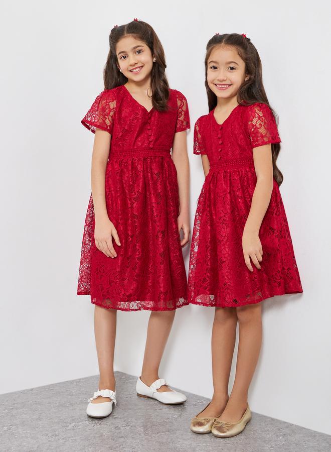 Styli Girls Red Lace A-Line Knee-Length Dress - Image 1