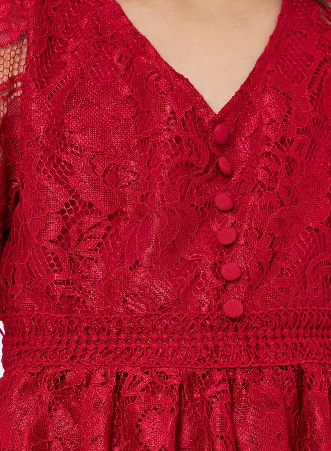 Styli Girls Red Lace A-Line Knee-Length Dress