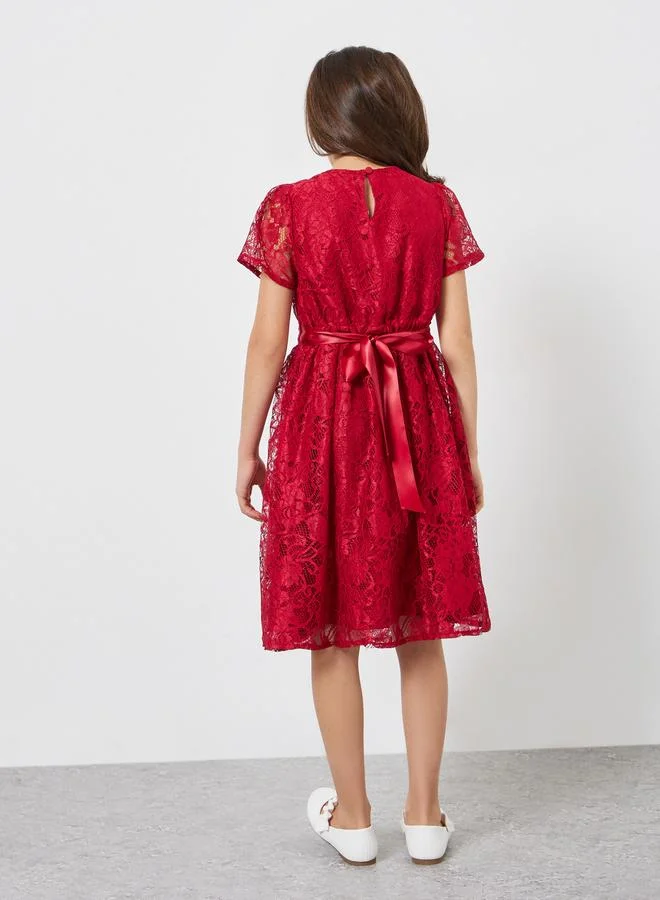 Styli Girls Red Lace A-Line Knee-Length Dress