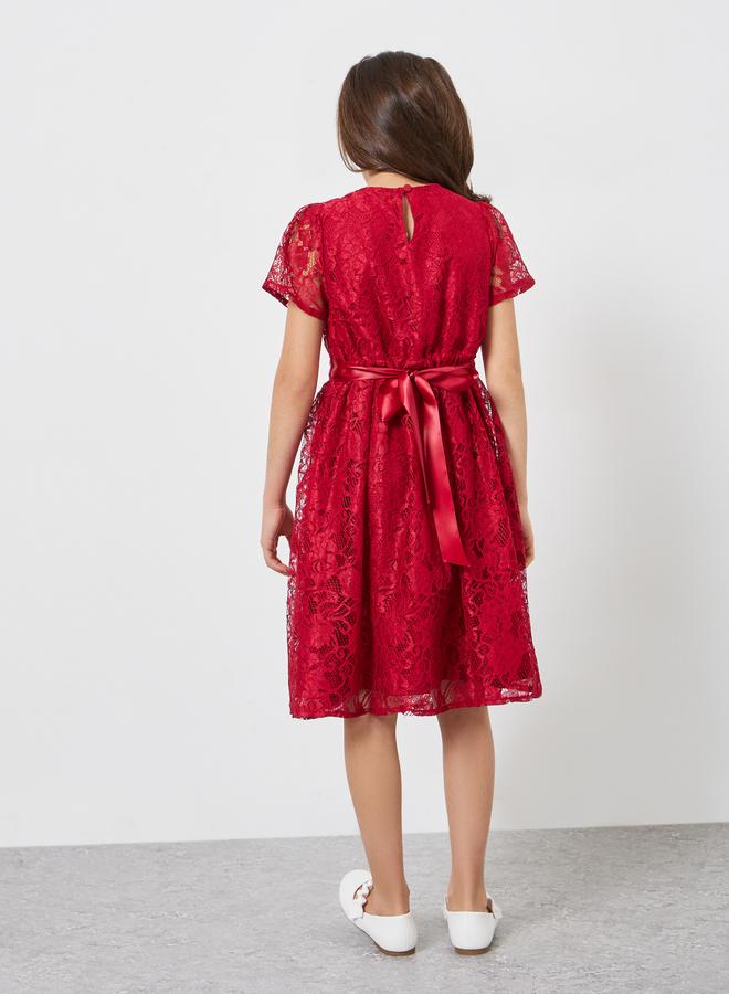 Styli Girls Red Lace A-Line Knee-Length Dress - Image 5