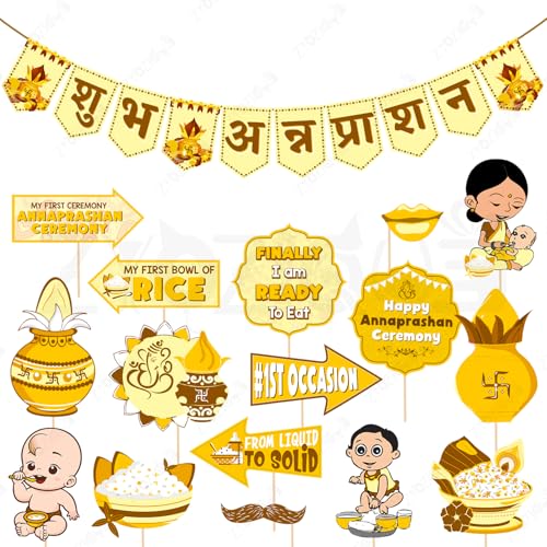Zyozique® Yellow & Brown Theme Annaprashan Decorations Set - Shubh Annaprashan Paper Banner & Photo Booth Props| Rice Ceremony Set (Pack Of 17) - Image 1
