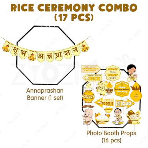 Zyozique® Yellow & Brown Theme Annaprashan Decorations Set - Shubh Annaprashan Paper Banner & Photo Booth Props| Rice Ceremony Set (Pack Of 17) - Image 2
