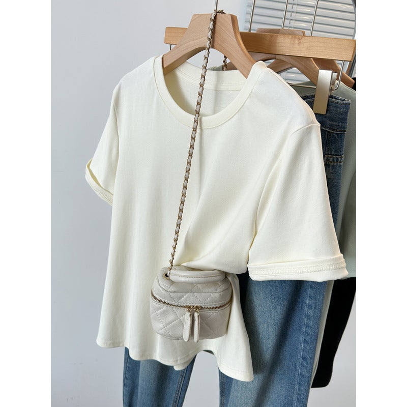 4 F093 2024 Chubby Girl Plus Size Joker Chic Design Hemming Sleeve Shoulder Short Sleeve T-Shirt - Image 1