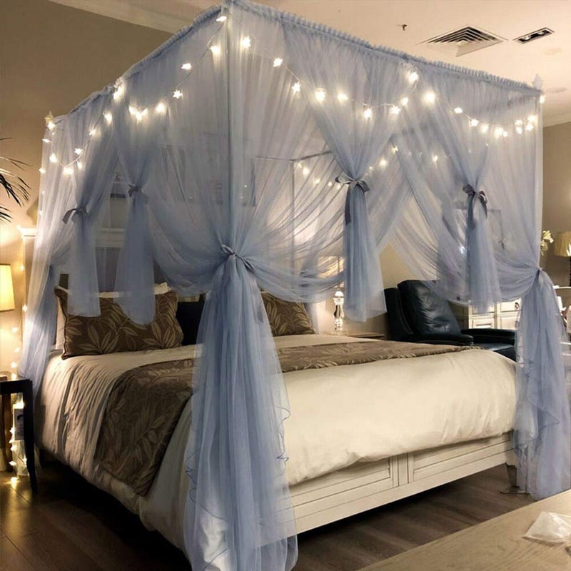 Joyreap 4 Corners Post Canopy Bed Curtain for Girls & Adults - Royal Luxurious Cozy Drape Netting - Cute Princess Bedroom Decoration Accessories (Gray-Blue, King) - Image 4