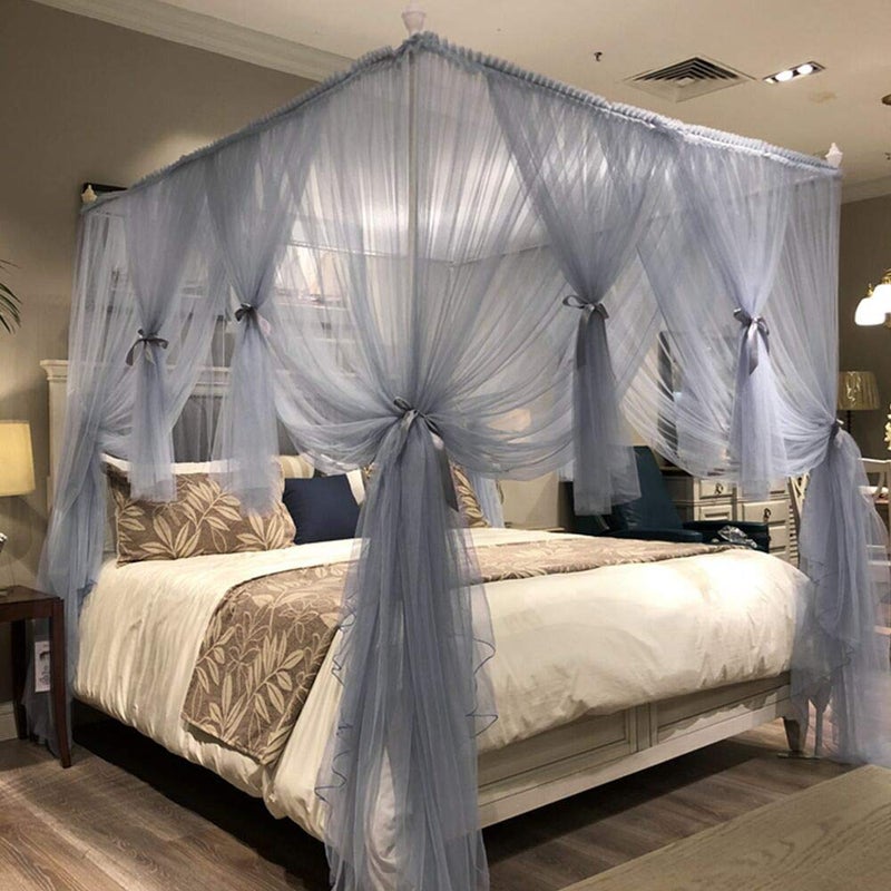 Joyreap 4 Corners Post Canopy Bed Curtain for Girls & Adults - Royal Luxurious Cozy Drape Netting - Cute Princess Bedroom Decoration Accessories (Gray-Blue, King) - Image 2