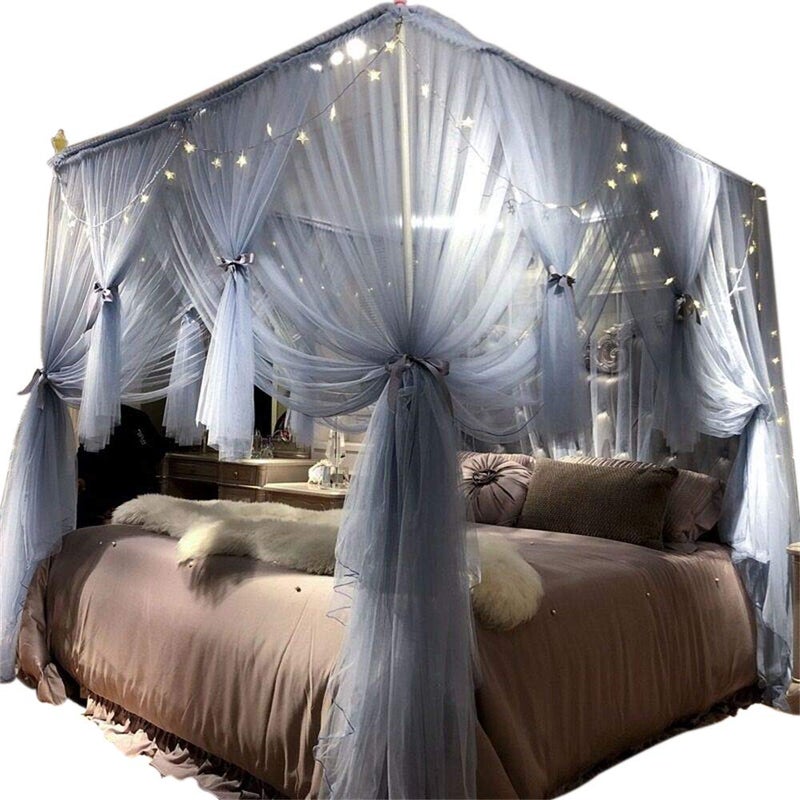 Joyreap 4 Corners Post Canopy Bed Curtain for Girls & Adults - Royal Luxurious Cozy Drape Netting - Cute Princess Bedroom Decoration Accessories (Gray-Blue, King) - Image 1