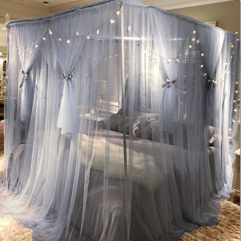 Joyreap 4 Corners Post Canopy Bed Curtain for Girls & Adults - Royal Luxurious Cozy Drape Netting - Cute Princess Bedroom Decoration Accessories (Gray-Blue, King) - Image 3