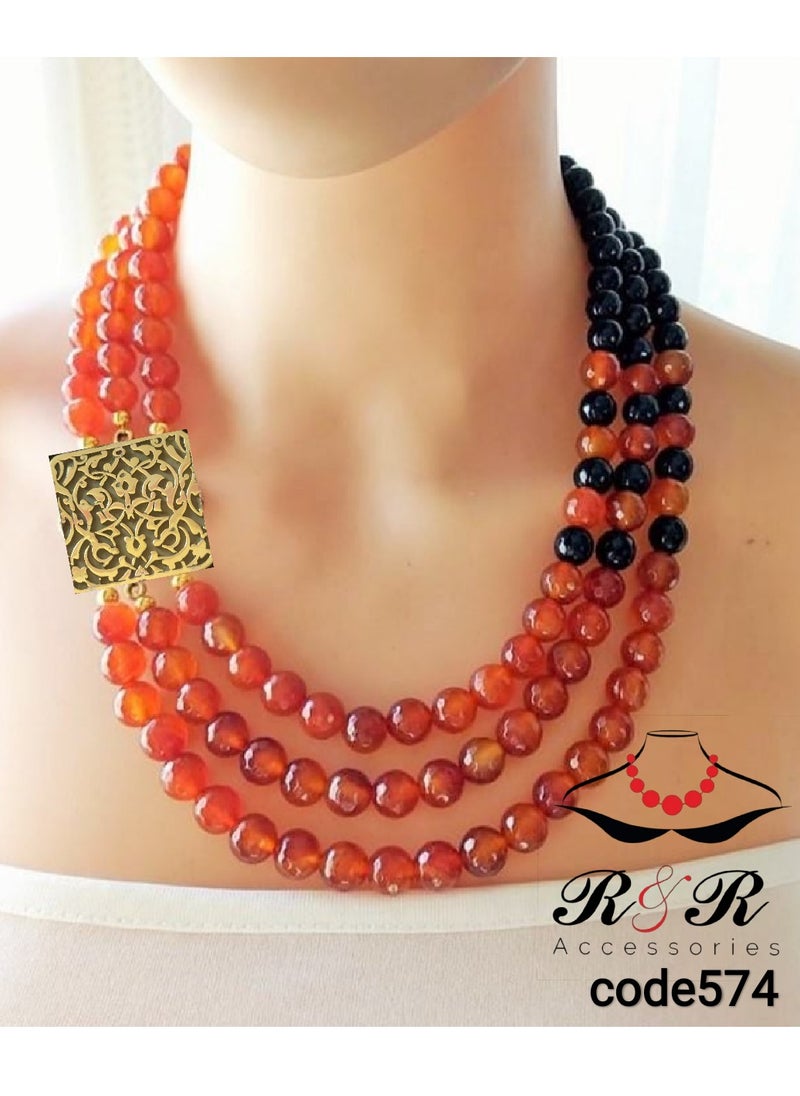 R & R - Women's multi-stage necklace made of natural agate with a copper pendant - Image 1