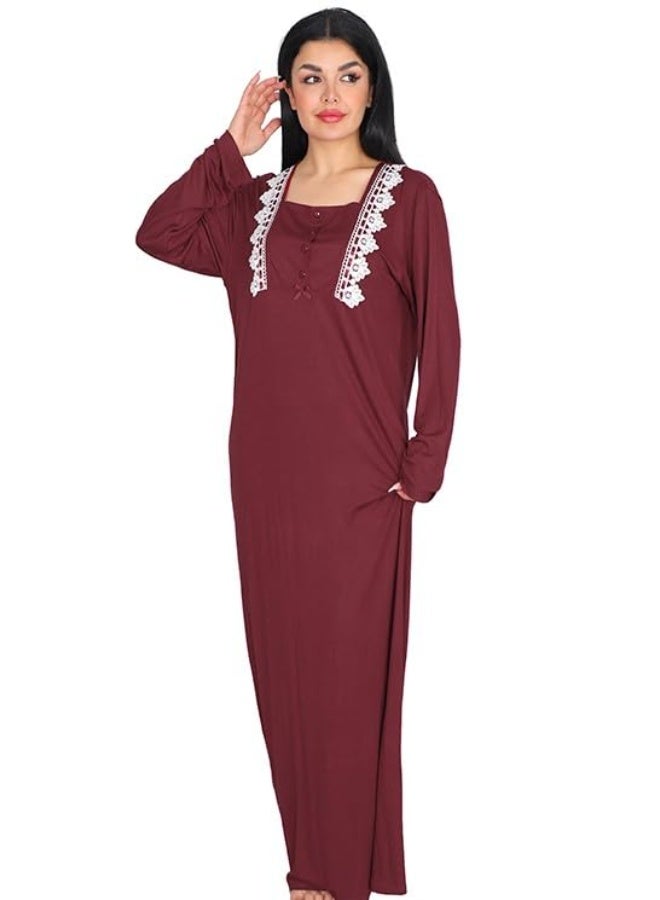 Dadoush Women Long Nightgown, Elegant Design with White Lace - Comfortable Maxi Abaya Summer Long Sleeve - Embroidered Long Dress with Wide Sleeves - Home Wear for Women - Image 4