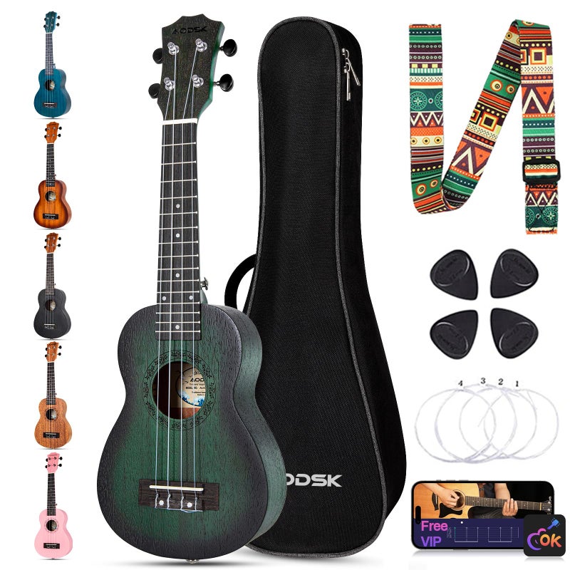 AODSK Soprano Green Ukulele for Beginner 21 Inch Ukelele with Gig Bag Strap Nylon String 4 Picks Holiday Gift