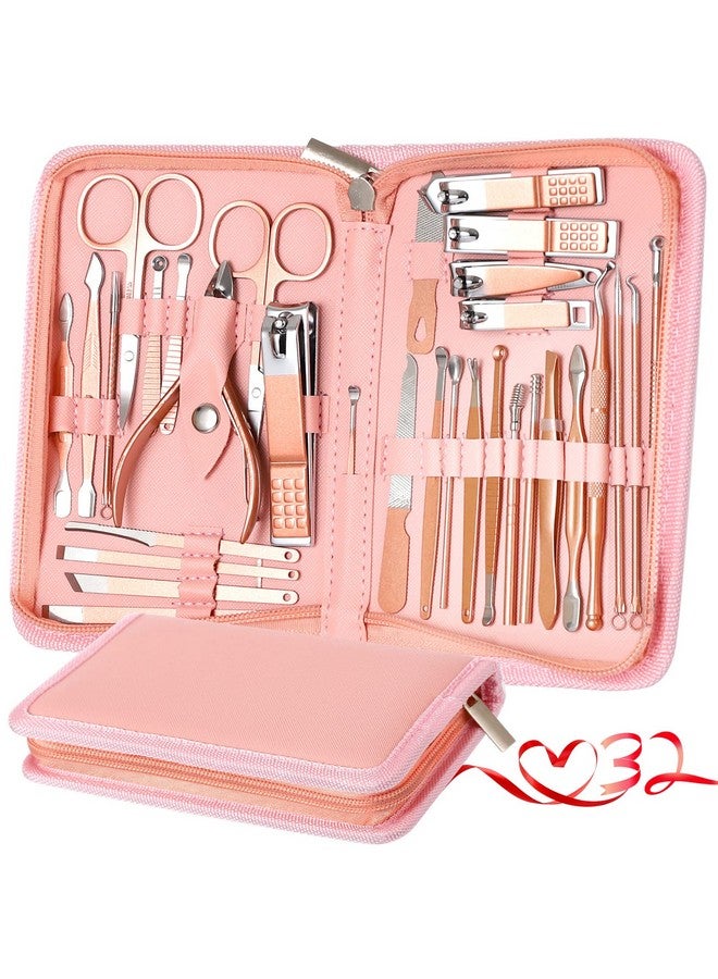 KV.YSHQLNE Manicure Set Pedicure Kit Womens Nail Clippers Set 32 In 1 Professional Grooming Care Tools Nail Kit Including Facial Fingernails And Toenails Care With Travel Case Women (Rose Pink_32 In 1) - Image 1