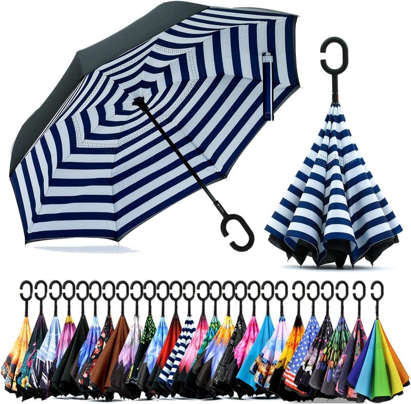 SIEPASA 4956 Inch Inverted Reverse Upside Down Umbrella Extra Large Double Canopy Vented Windproof Waterproof Stick Golf Umbrellas with Cshape HandleNavy Blue56 Inch