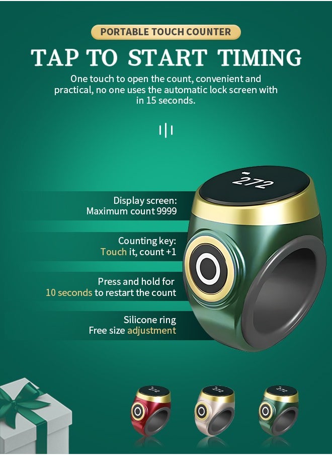 Generic - Zikr Ring, Smart Tasbih Zikr Ring With 3 Compatible Sizes(18mm/ 20mm/ 22mm) Ring Count Reminder, Muslim Prayer Timing Reminder,  OLED Display（green） - Image 1