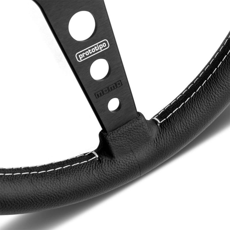 MOMO Prototipo 350mm Black Leather Steering Wheel | Black Anodized Spokes, White Stitching | Classic Racing Style | Comfortable Grip | Vehicle Specific Fit | 30x30 mm Rim Diameter - Image 3