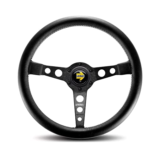 MOMO Prototipo 350mm Black Leather Steering Wheel | Black Anodized Spokes, White Stitching | Classic Racing Style | Comfortable Grip | Vehicle Specific Fit | 30x30 mm Rim Diameter - Image 1