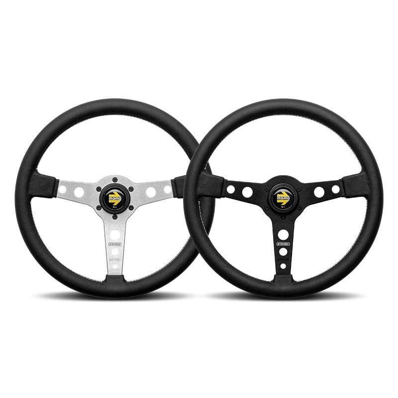 MOMO Prototipo 350mm Black Leather Steering Wheel | Black Anodized Spokes, White Stitching | Classic Racing Style | Comfortable Grip | Vehicle Specific Fit | 30x30 mm Rim Diameter - Image 4