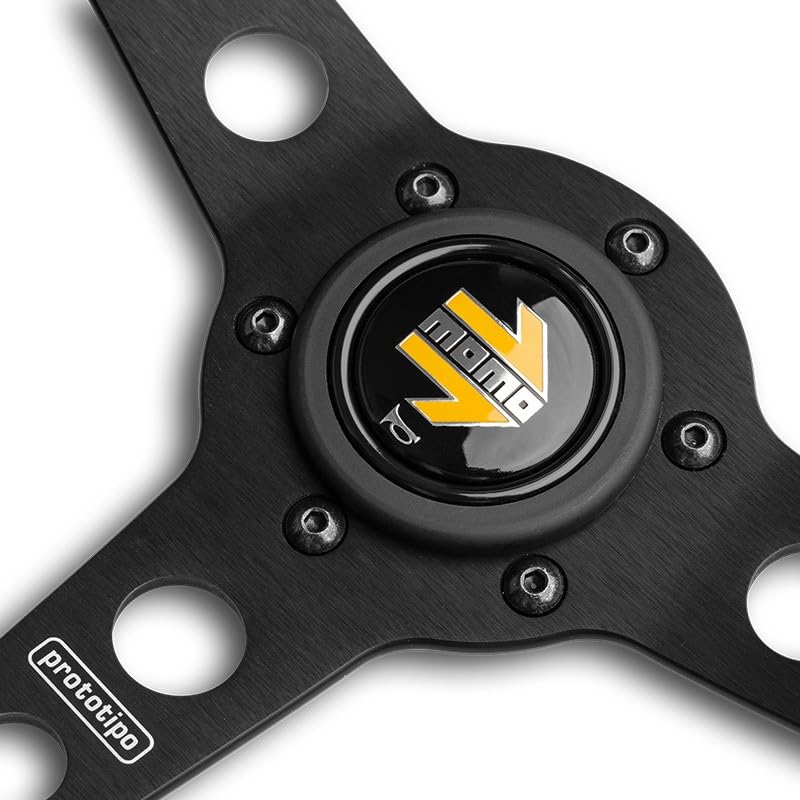 MOMO Prototipo 350mm Black Leather Steering Wheel | Black Anodized Spokes, White Stitching | Classic Racing Style | Comfortable Grip | Vehicle Specific Fit | 30x30 mm Rim Diameter - Image 2