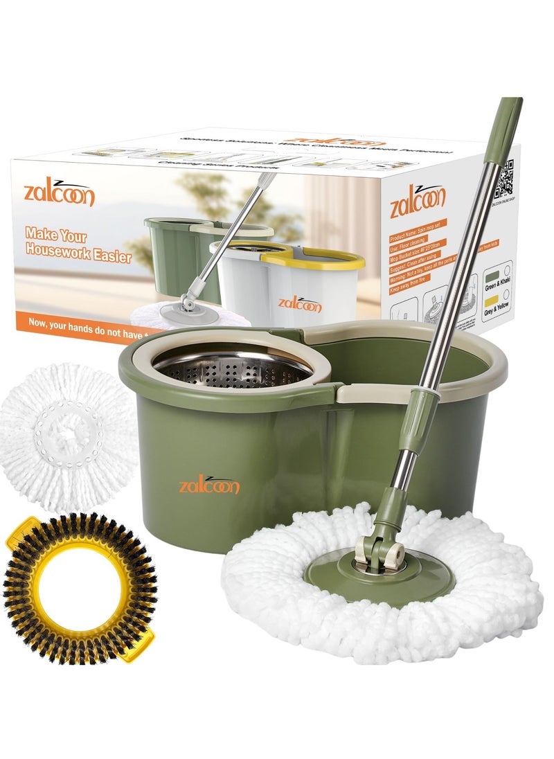 Zalcoon Spin Mop and Bucket with Wringer Set, 360° Spinning Mop and Bucket System with 2 Replacement Heads, Stainless Steel Adjustable Handle and Scrub Brush for Floor Cleaning (Green)  - Image 1