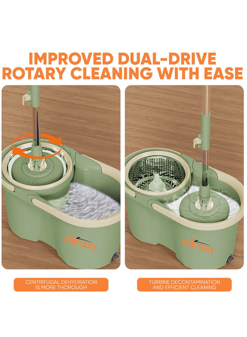 Zalcoon Spin Mop and Bucket with Wringer Set, 360° Spinning Mop and Bucket System with 2 Replacement Heads, Stainless Steel Adjustable Handle and Scrub Brush for Floor Cleaning (Green) - Image 2