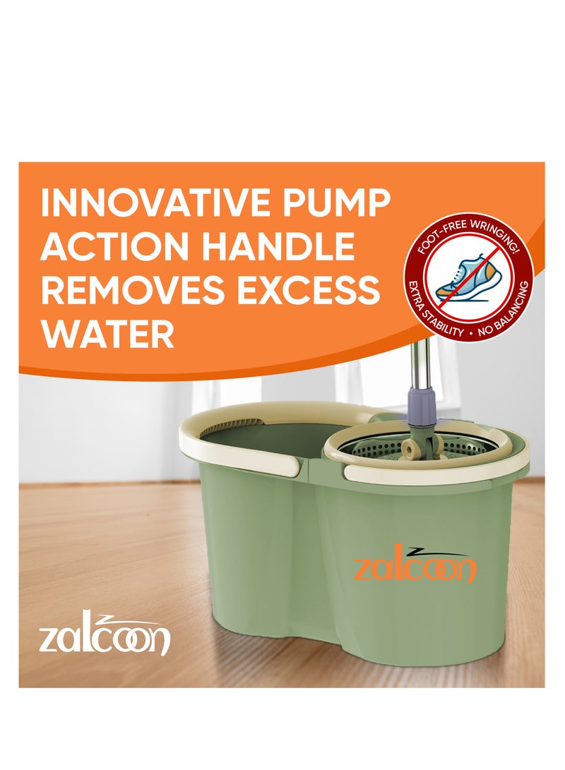 Zalcoon Spin Mop and Bucket with Wringer Set, 360° Spinning Mop and Bucket System with 2 Replacement Heads, Stainless Steel Adjustable Handle and Scrub Brush for Floor Cleaning (Green) - Image 4