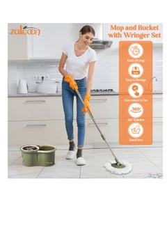 Zalcoon Spin Mop and Bucket with Wringer Set, 360° Spinning Mop and Bucket System with 2 Replacement Heads, Stainless Steel Adjustable Handle and Scrub Brush for Floor Cleaning (Green)  - Image 2