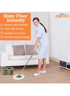 Zalcoon Spin Mop and Bucket with Wringer Set, 360° Spinning Mop and Bucket System with 2 Replacement Heads, Stainless Steel Adjustable Handle and Scrub Brush for Floor Cleaning (Green)  - Image 4