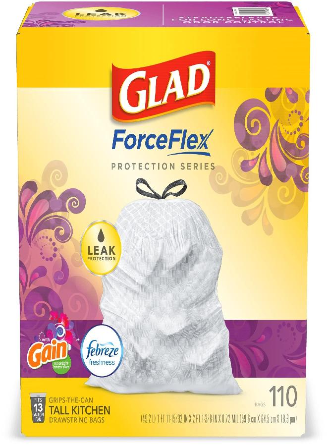 Glad Trash & Food Storage ForceFlex Protection Series Tall Trash Bags, 13 Gal, Gain Moonlight Breeze with Febreze, 110 Ct (Package May Vary), White (79261) - Image 5