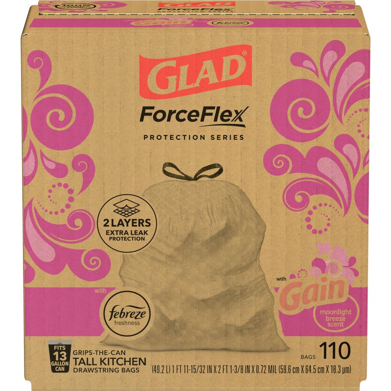 Glad Trash & Food Storage ForceFlex Protection Series Tall Trash Bags, 13 Gal, Gain Moonlight Breeze with Febreze, 110 Ct (Package May Vary), White (79261) - Image 3