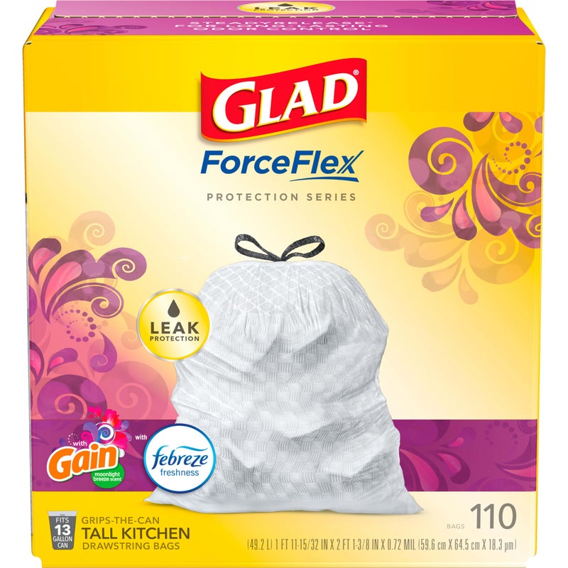 Glad Trash & Food Storage ForceFlex Protection Series Tall Trash Bags, 13 Gal, Gain Moonlight Breeze with Febreze, 110 Ct (Package May Vary), White (79261) - Image 1