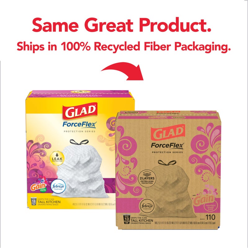 Glad Trash & Food Storage ForceFlex Protection Series Tall Trash Bags, 13 Gal, Gain Moonlight Breeze with Febreze, 110 Ct (Package May Vary), White (79261) - Image 2