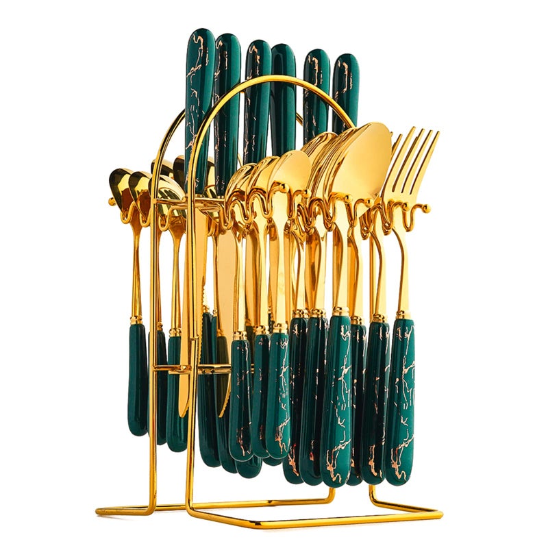 24Piece Gilded Stainless Steel Flatware SetKitchen Utensil Tableware Cutlery Set Service for 6 Steak Cutlery Set for Home and Restaurant Dark Green