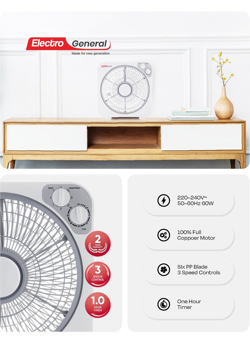 Electro General - Electro General Box Fan Model FBX-WGR30 - 6 Durable PP Blades - Full Copper Motor (66*12mm) - One-Hour Timer - 3 Speed Settings - Swing Feature for Left-to-Right Air Distribution - Compact Design with High-Performance Operation - Image 1