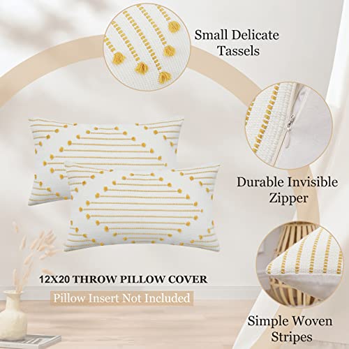 Mecatny Boho Outdoor Throw Pillow Covers 12X20 Set of 2, Farmhouse Lumbar Pillow Covers for Couch Sofa Living Room, Yellow & White - Image 4