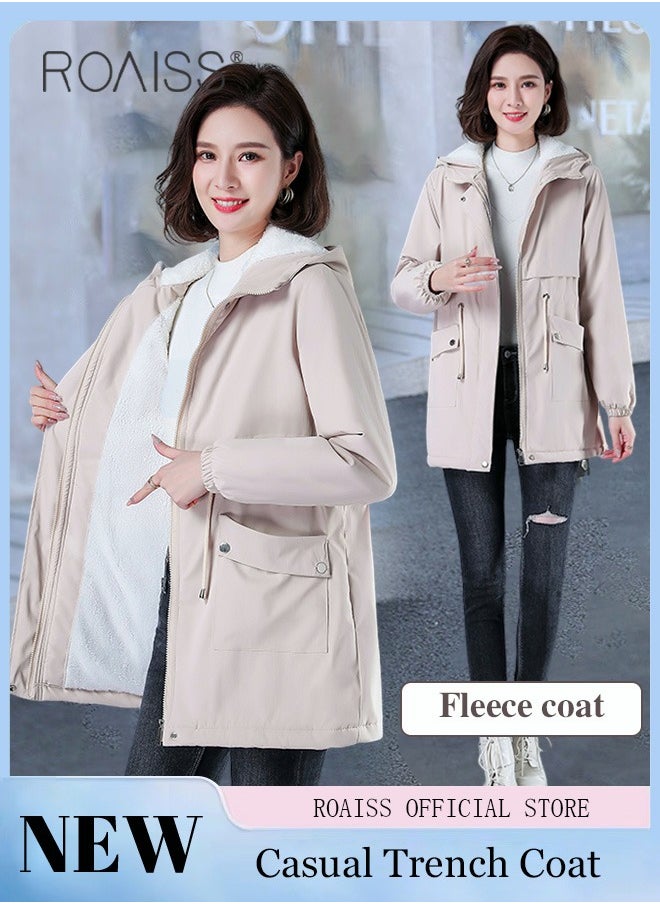 roaiss - Women Jackets Hooded Windbreaker Female Fleece Warm Thick Cotton Padded Women Mid-Length Plus Fleece Hooded Cotton Jacket Women Zip-In Hooded Coat. - Image 1