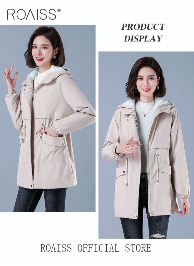 roaiss - Women Jackets Hooded Windbreaker Female Fleece Warm Thick Cotton Padded Women Mid-Length Plus Fleece Hooded Cotton Jacket Women Zip-In Hooded Coat. - Image 1