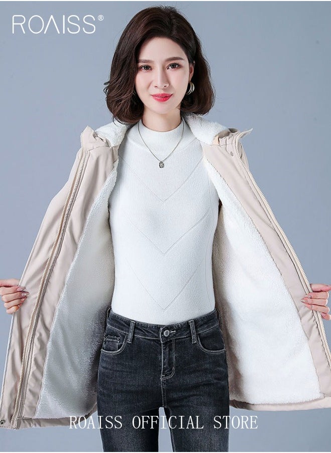 roaiss - Women Jackets Hooded Windbreaker Female Fleece Warm Thick Cotton Padded Women Mid-Length Plus Fleece Hooded Cotton Jacket Women Zip-In Hooded Coat. - Image 1