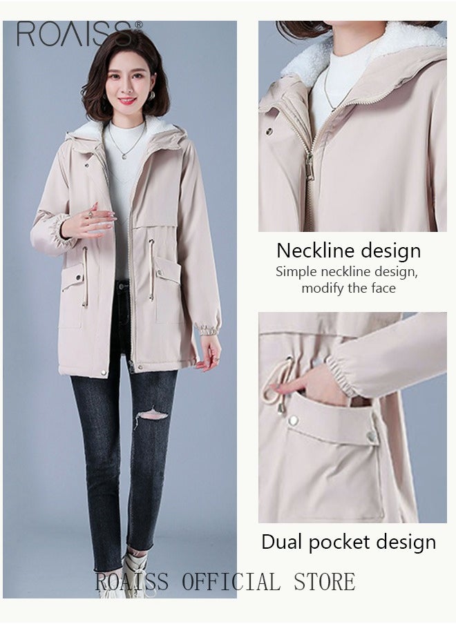 roaiss - Women Jackets Hooded Windbreaker Female Fleece Warm Thick Cotton Padded Women Mid-Length Plus Fleece Hooded Cotton Jacket Women Zip-In Hooded Coat. - Image 1