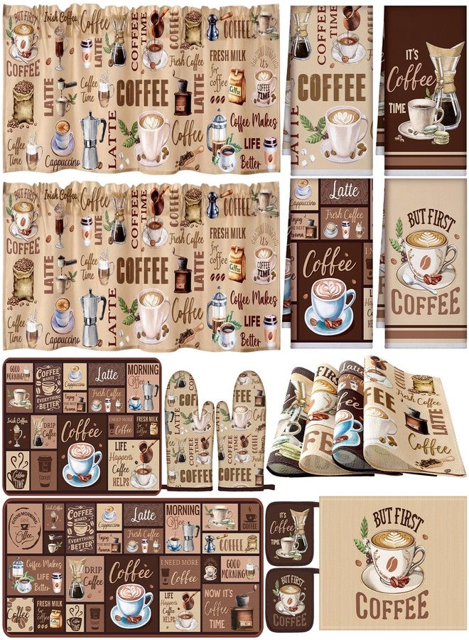 Fourluoo 16 Pcs Coffee Kitchen Decor and Accessories Set Coffee Brown Kitchen Towel and Dishcloth Non Slip Rug Mat for Floor Farmhouse Oven Mitt and Pot Holder Curtain Set for Home Decoration Gift - Image 1